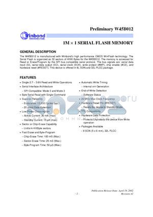 W45B012P datasheet - 1M x 1 SERIAL FLASH MEMORY