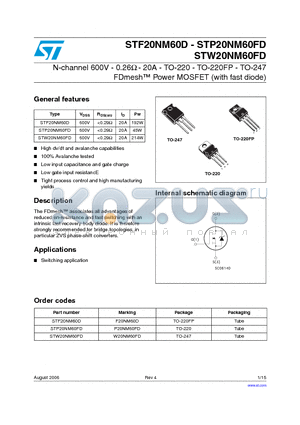 STP20NM60FD datasheet - N-CHANNEL 600V - 0.26ohm - 20A TO-220-TO-220FP-TO-247 FDmesh POWER MOSFET (with FAST DIODE)