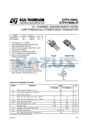 STP21N06LFI datasheet - N - CHANNEL ENHANCEMENT MODE LOW THRESHOLD POWER MOS TRANSISTOR