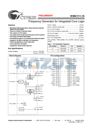W48C111 datasheet - Frequency Generator for Integrated Core Logic