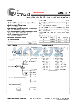 W48C111 datasheet - 100-MHz Mobile Motherboard System Clock