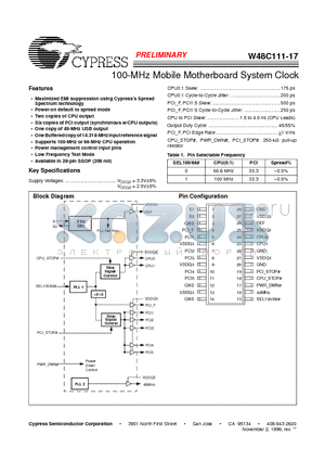 W48C111-17 datasheet - 100-MHz Mobile Motherboard System Clock