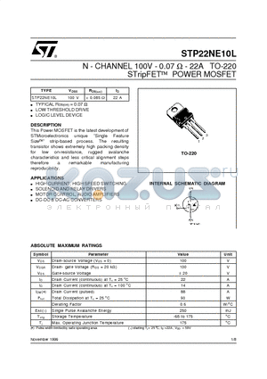 STP22NE10L datasheet - N - CHANNEL 100V - 0.07 ohm - 22A TO-220 STripFET  POWER MOSFET