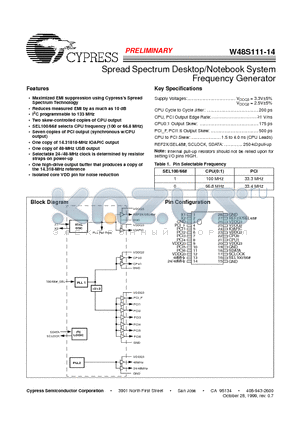 W48S111 datasheet - Spread Spectrum Desktop/Notebook System Frequency Generator