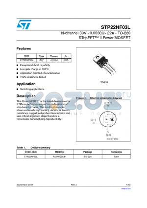 STP22NF03L_07 datasheet - N-channel 30V - 0.0038Y - 22A - TO-220 STripFET II Power MOSFET