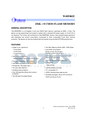 W49F002U-70B datasheet - 256K X 8 CMOS FLASH MEMORY