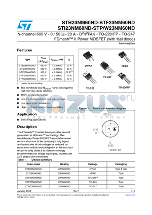 STP23NM60ND datasheet - N-channel 600 V - 0.150 Y - 20 A - D2/I2PAK - TO-220/FP - TO-247 FDmesh II Power MOSFET