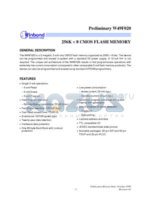 W49F020-70 datasheet - 256K X 8 CMOS FLASH MEMORY