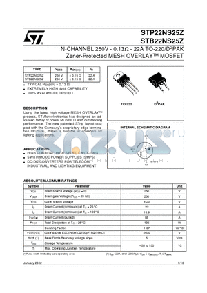 STP22NS25Z datasheet - N-CHANNEL 250V - 0.13ohm - 22A TO-220/D2PAK Zener-Protected MESH OVERLAY MOSFET