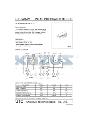 UTCKA22427 datasheet - I-CHIP AM/FM RADIO IC