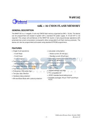 W49F102 datasheet - 64K X 16 CMOS FLASH MEMORY