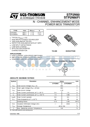 STP2N80 datasheet - N - CHANNEL ENHANCEMENT MODE POWER MOS TRANSISTOR