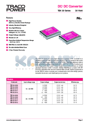 TEN30 datasheet - DC/DC Converter - TEN 30 Series 30 Watt