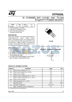 STP3020 datasheet - N - CHANNEL 30V - 0.019ohm - 40A - TO-220 STripFET  POWER MOSFET