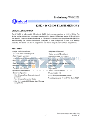 W49L201T-70 datasheet - 256K X 8 CMOS FLASH MEMORY