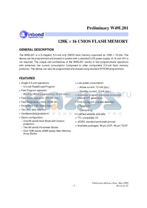 W49L201T-90 datasheet - 256K X 8 CMOS FLASH MEMORY