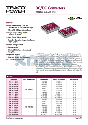 TEN30-2408WI datasheet - DC/DC Converters - TEN 30WI Series, 30 Watt