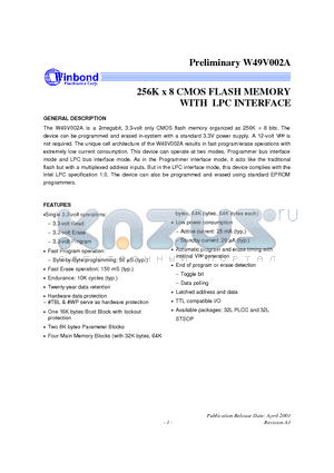 W49V002AQ datasheet - 256K x 8 CMOS FLASH MEMORY WITH LPC INTERFACE