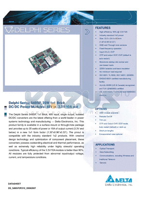 S48SP3R310PKFA datasheet - Delphi Series S48SP, 35W 1x1 Brick DC/DC Power Modules: 48V in, 3.3V/10A out