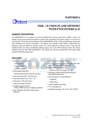 W49V002FAQ datasheet - 256K X 8 CMOS FLASH MEMORY WITH FWH INTERFACE