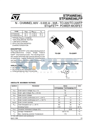 STP30NE06LFP datasheet - N - CHANNEL 60V - 0.035 ohm - 30A - TO-220/TO-220FP STripFET  POWER MOSFET