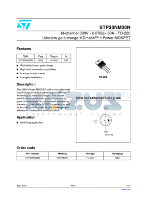 STP30NM30N datasheet - N-channel 300V - 0.078Y - 30A - TO-220 Ultra low gate charge MDmesh II Power MOSFET