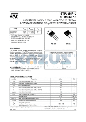 STP35NF10 datasheet - N-CHANNEL 100V - 0.030ohm - 40A TO-220 / D2PAK LOW GATE CHARGE STripFET POWER MOSFET