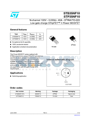 STP35NF10 datasheet - N-channel 100V - 0.030Y - 40A - D2PAK/TO-220 Low gate charge STripFET II Power MOSFET