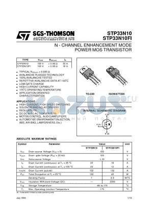 STP33N10FI datasheet - N - CHANNEL ENHANCEMENT MODE POWER MOS TRANSISTOR