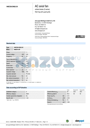 W4E350-DN02-39 datasheet - SC axial fan sickled blades (S series) Wall ring with guard grille