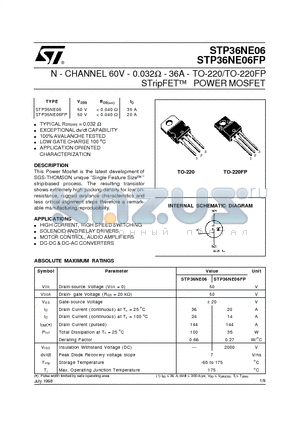 STP36NE06 datasheet - N - CHANNEL 60V - 0.032ohm - 36A - TO-220/TO-220FP STripFET  POWER MOSFET