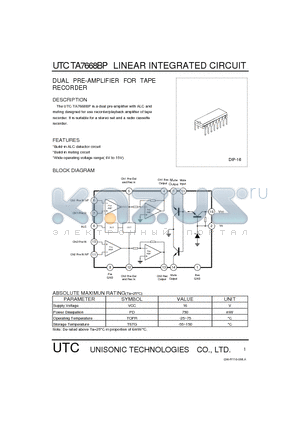 UTCTA7668BP datasheet - DUAL PRE-AMPLIFIER FOR TAPE RECORDER