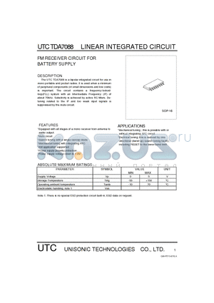 UTCTDA7088 datasheet - FM RECEIVER CIRCUIT FOR BATTERY SUPPLY