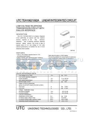 UTCTEA1062 datasheet - LOW VOLTAGE TELEPHONE TRANSMISSION CIRCUIT WITH DIALLER INTERFACE