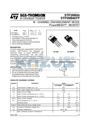 STP3NB60FP datasheet - N - CHANNEL ENHANCEMENT MODE PowerMESH  MOSFET