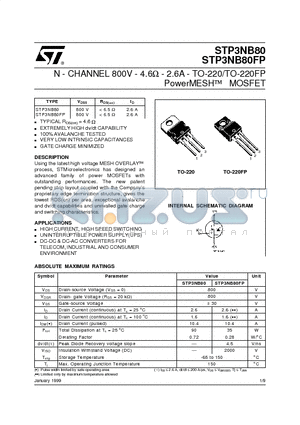 STP3NB80 datasheet - N - CHANNEL 800V - 4.6ohm - 2.6A - TO-220/TO-220FP PowerMESH  MOSFET