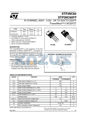 STP3NC60 datasheet - N-CHANNEL 600V - 3.3ohm  - 3A TO-220/TO-220FP PowerMeshII MOSFET