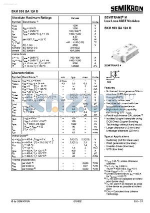 SKM600GA124D datasheet - SEMITRANS M LOW LOSS IGBT MODULES