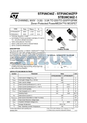 STP3NC90Z datasheet - N-CHANNEL 900V - 3.2ohm - 3.5A TO-220/TO-220FP/I2PAK Zener-Protected PowerMESHIII MOSFET