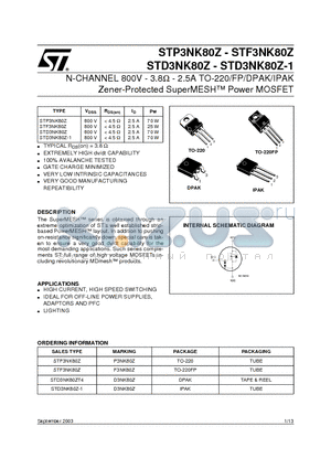 STP3NK80Z datasheet - N-CHANNEL 800V - 3.8W - 2.5A TO-220/FP/DPAK/IPAK Zener-Protected SuperMESH Power MOSFET