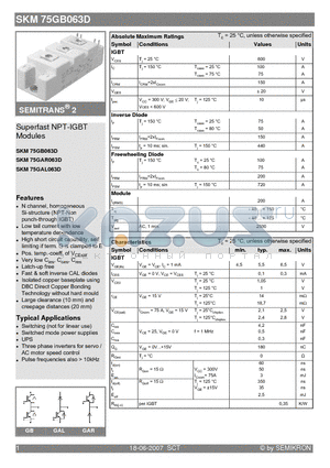 SKM75GAL063D datasheet - Superfast NPT-IGBT Modules