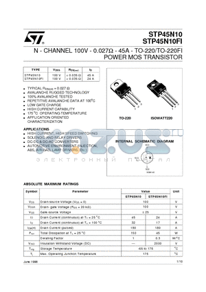 STP45N10 datasheet - N - CHANNEL 100V - 0.027ohm - 45A - TO-220/TO-220FI POWER MOS TRANSISTOR