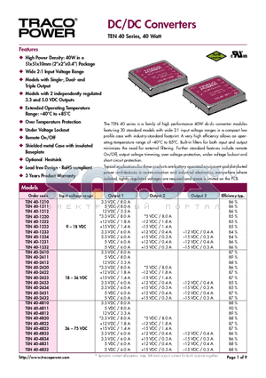 TEN40-1210 datasheet - DC/DC Converters