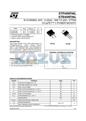 STP45NF06L datasheet - N-CHANNEL 60V - 0.022ohm - 38A TO-220 / D2PAK STripFET II POWER MOSFET