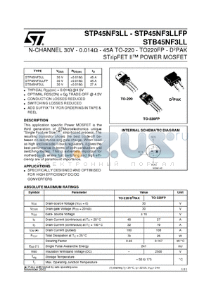 STP45NF3LL datasheet - N-CHANNEL 30V - 0.014ohm - 45A TO-220 - TO220FP - D2PAK STripFET II POWER MOSFET