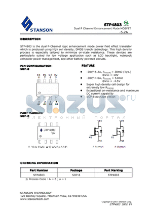 STP4803 datasheet - STP4803 is the dual P-Channel logic enhancement mode power field effect transistor which is produced using high cell density, DMOS trench technology.