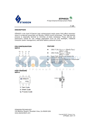 STP4925 datasheet - STP4925 is the dual P-Channel logic enhancement mode power field effect transistor which is produced using high cell density, DMOS trench technology.