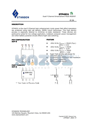 STP4931 datasheet - STP4931 is the dual P-Channel logic enhancement mode power field effect transistors are produced using high cell density, DMOS trench technology.