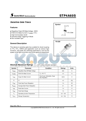 STP4A60S datasheet - Sensitive Gate Triacs