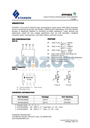 STP4953 datasheet - Dual P Channel Enhancement Mode MOSFET